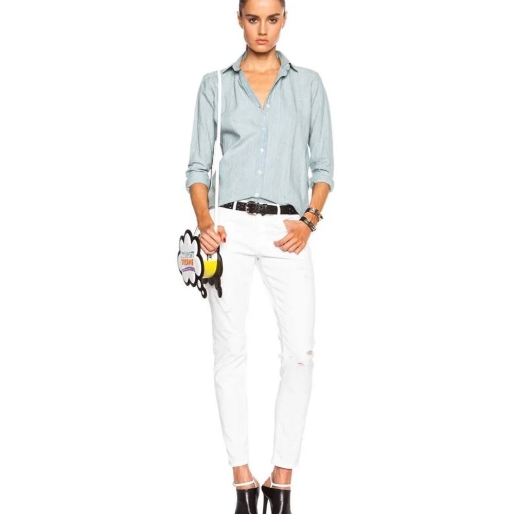FRAME Le Garcon Mid Rise Straight Fit Rumpled Blanc Rips Jean 25 US 0 Minimalist